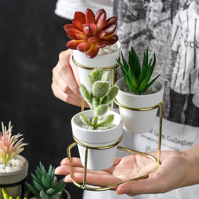 plant stand with 3 plant pots Mini Trio Plant Stand Nordic Flower Succulent Pot With Metal Decor Baskets Pots Window Boxes