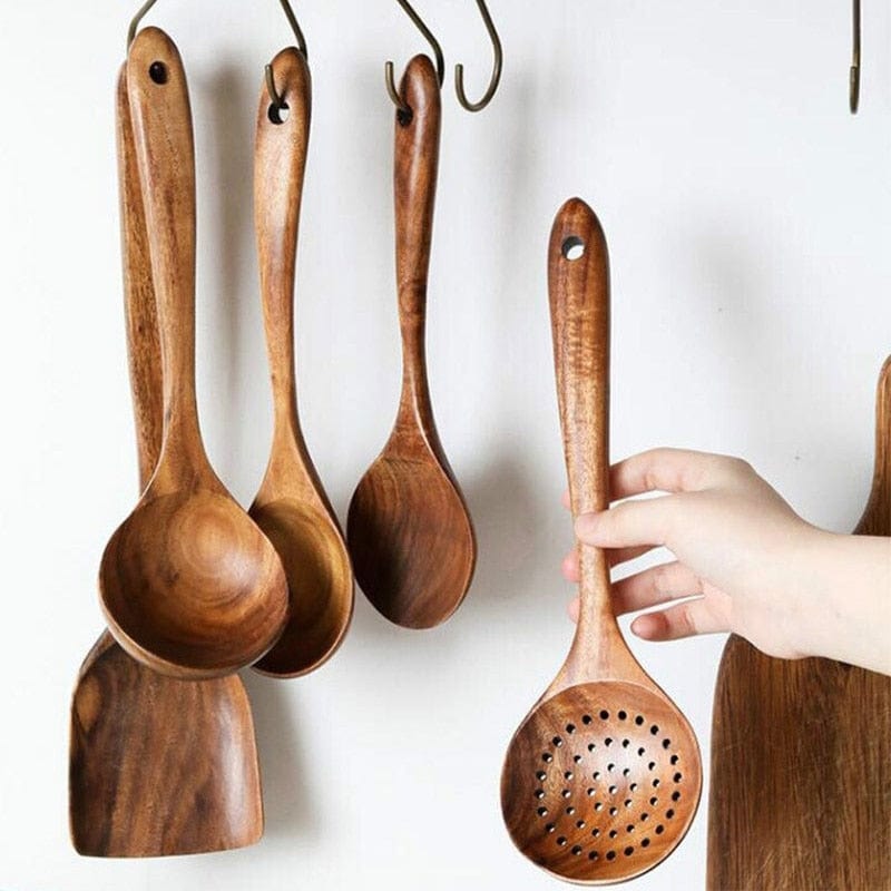 Wooden Cooking Utensils Wooden Spoons for Cooking,Nonstick Kitchen Utensil Set,Wooden Spoons Cooking Utensil Set Non Scratch Natural Teak Wooden