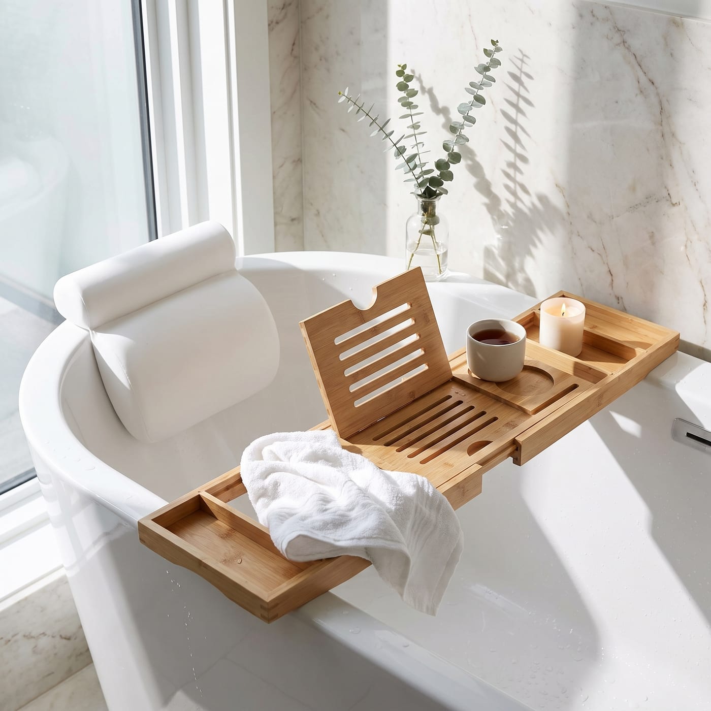 Bamboo bathtub tray across a white tub holding a cup of tea, a candle and a folded towel in morning light