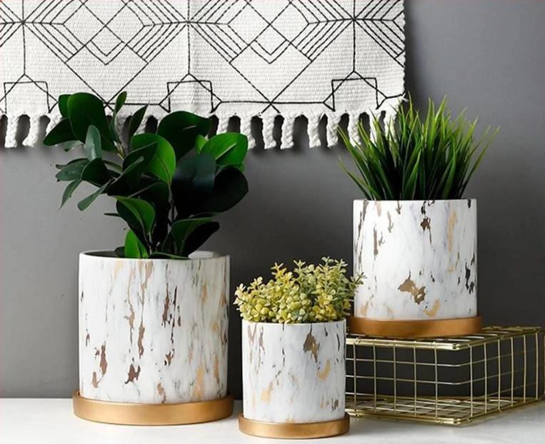marble plant pot indoor (Medium) Marble Design White Pot With Gold Tray Nordic Home Decor