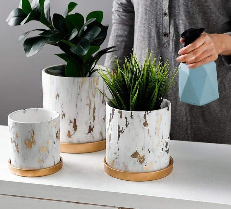 marble plant pot indoor (Medium) Marble Design White Pot With Gold Tray Nordic Home Decor
