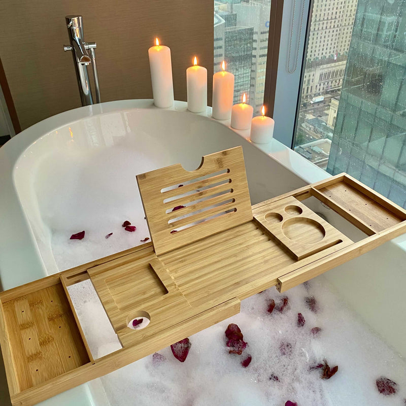 Natural Bamboo Luxury Bathtub Caddy Tray Organizer for Bath Products -  Water Resistant