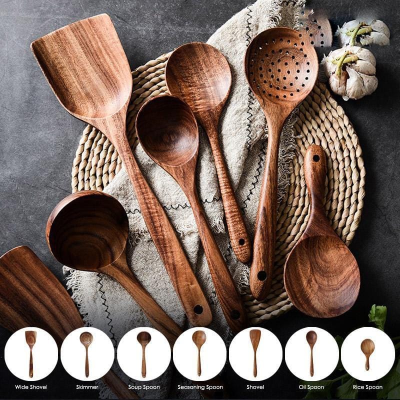 Wood Utensils Set for Cooking, Teak Wooden Utensils Set Wood Spatula for  Nonstick Cookware Kitchen Utensils Set 5