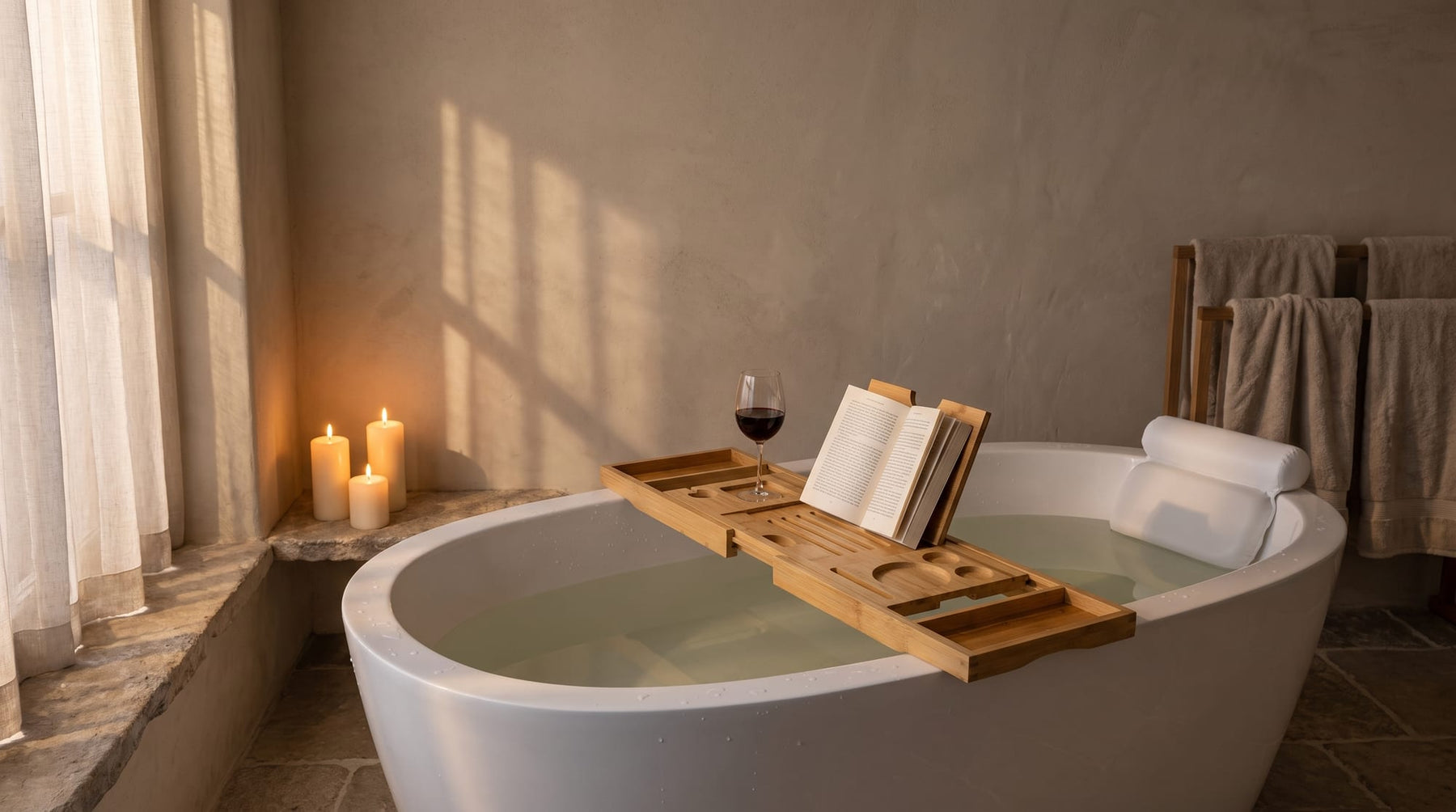 Evening bath with the bamboo tray holding an open book and a glass of wine, bath pillow at the head of the tub