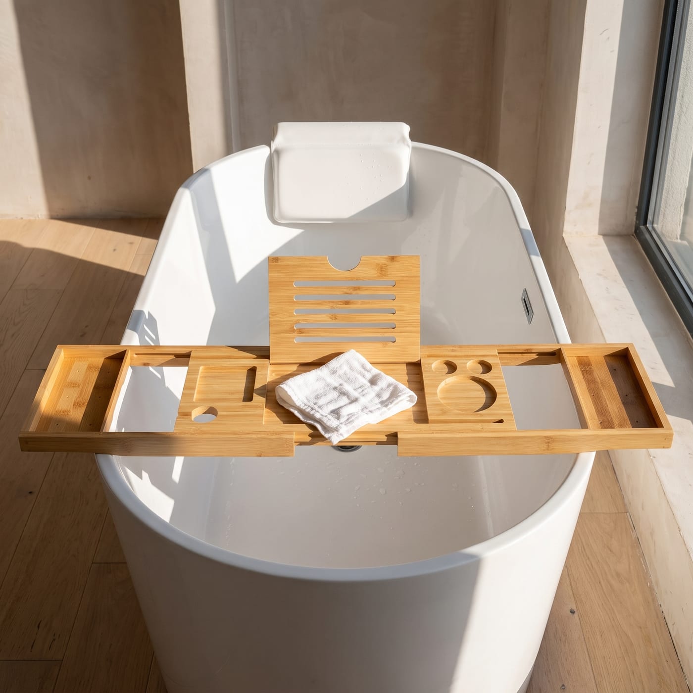 Bamboo tray fully extended across a wide freestanding tub