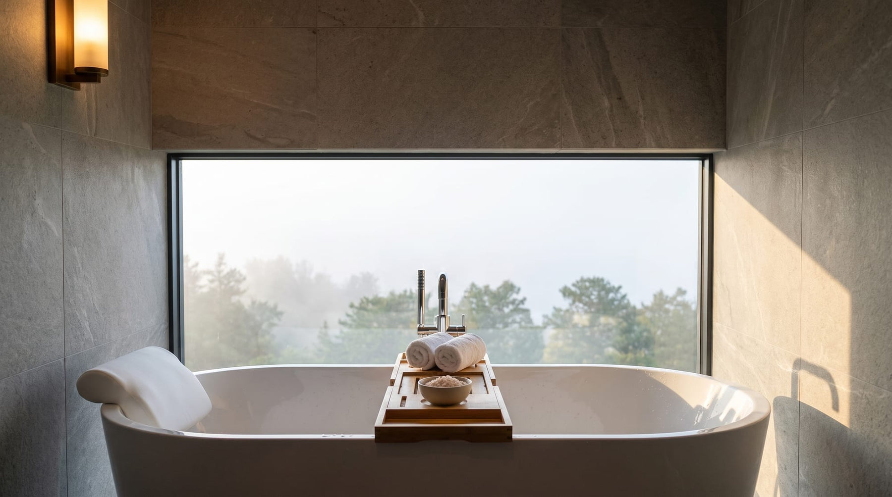 Hotel spa bathroom with the bamboo tray holding rolled towels and bath salts