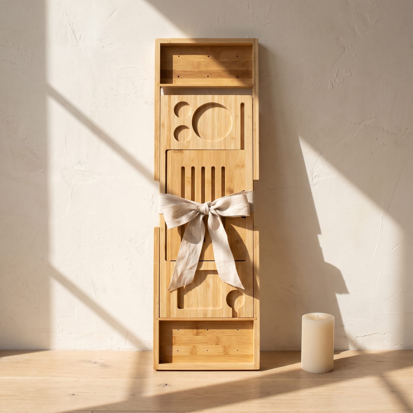 Bamboo bath tray wrapped with a linen ribbon, leaning against a plaster wall