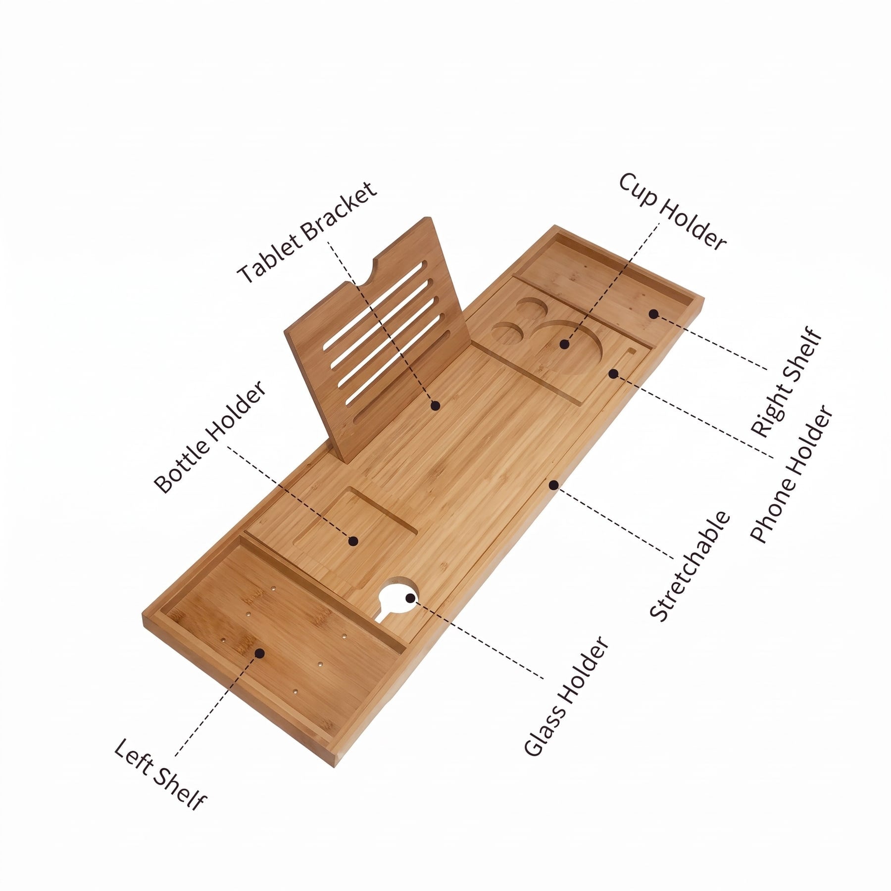 Labelled drawing of the bamboo bathtub tray: tablet bracket, cup holder, shelves, phone, glass and bottle holders, stretchable ends